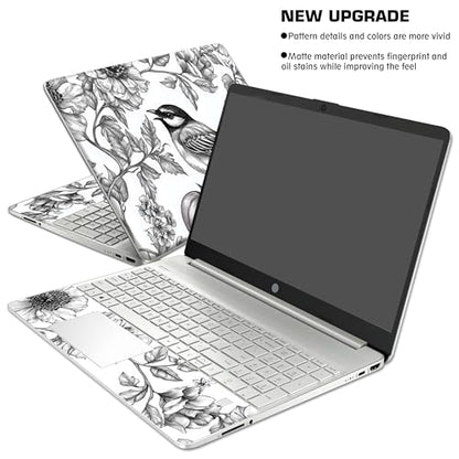 Laptop Skin Decal HP 15.6" - Black White Botanical, Laptop Cover Sticker, No Cutting Required, No Bubble, Waterproof, Scratch Resistant - Including Wide Screen and Wrist Pad - size: 15.6 inch