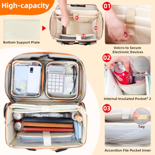 Rolling Teacher Tote Bag with Detachable Trolley, 5-Wheeled Teacher Bag with 15.6 inch Laptop Compartment& Accordion File Organizer, Multifunctional Rolling Briefcase for Teaching& Office