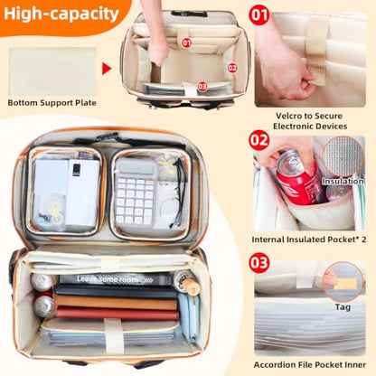 Rolling Teacher Tote Bag with Detachable Trolley, 5-Wheeled Teacher Bag with 15.6 inch Laptop Compartment& Accordion File Organizer, Multifunctional Rolling Briefcase for Teaching& Office