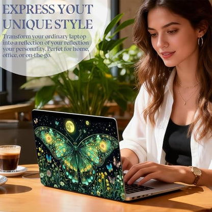 Universal Laptop Skin Sticker Decal,15.6 Inch Laptop Vinyl Cover for 13" 14" 15.6" Laptop,Scratch-Resistant Waterproof Protector Wrap,Reusable with Wrist Pads,Green Moth - color: Green Moth