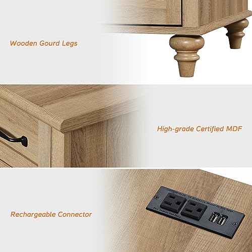 WAMPAT Farmhouse End Table with Charging Station, Light Wood Sofa Side Table with Storage Cabinet, Narrow Night Stand Bedside Table with Drawer for Living Room, Bedroom, Oak - color: Oak