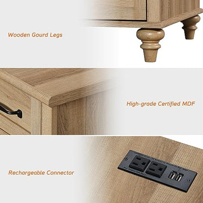 WAMPAT Farmhouse End Table with Charging Station, Light Wood Sofa Side Table with Storage Cabinet, Narrow Night Stand Bedside Table with Drawer for Living Room, Bedroom, Oak - color: Oak