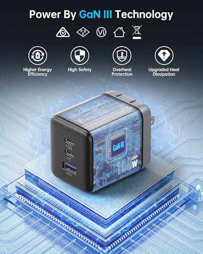 NOVOO 100W USB C Charger Block (GaN III), 3-Port Fast Foldable Compact Wall Charger for MacBook Pro/Air, Dell XPS 13, iPad Pro, Galaxy S24/S23, iPhone 16/15 Pro and More