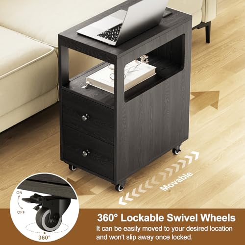 Narrow End Table with Charging Station and Wheels, Movable Narrow Sofa Side Table with USB Ports and Outlets for Small Space, Living Room, Bedroom and Office, Bedside with 4 Wheels (Black) - color: [A1] Black
