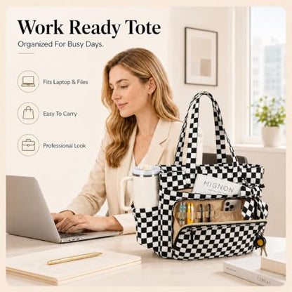 BTOOP Work Tote Bag for Women, Laptop Tote Bag With 15.6 Inch Padded Compartment, Teacher Nurse Bible Bags - color: Black Checkered