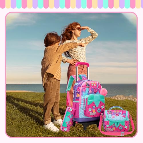 Girls Rolling Backpack for Kids Ages 8-12 Wheeled Backpack for Kids Backpacks for Girls with Lunch Bag Back to School Supplies Kit - color: Purple Ice Cream