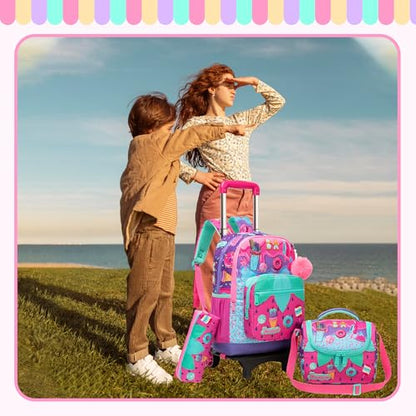 Girls Rolling Backpack for Kids Ages 8-12 Wheeled Backpack for Kids Backpacks for Girls with Lunch Bag Back to School Supplies Kit - color: Purple Ice Cream
