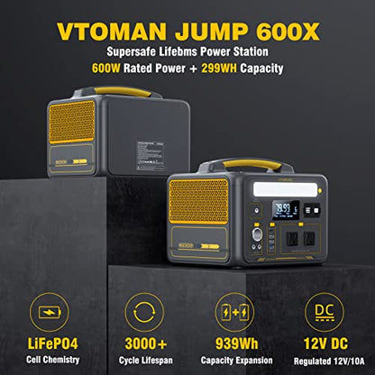 VTOMAN Jump600X 600W Portable Power Station with 640Wh Extra Battery, 939Wh Solar Generator LiFePO4 Battery, Peak 1200W AC Outlet, PD 60W USB-C, 3x12V/10A DC for Outdoor Camping, Off-grid, Home Backup - style: Jump 600X+Extra Battery