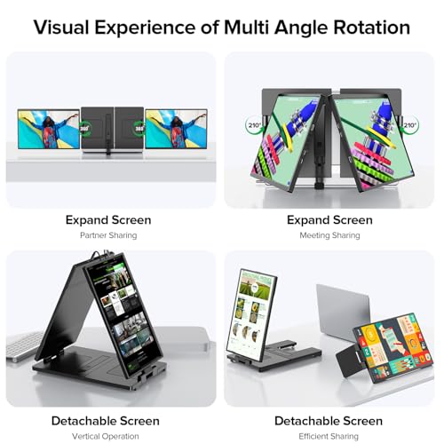 UPERFECT Laptop Screen Extender, 2K 14" 360° Patented Unique Swivel Hinge | Triple Monitor, 2240x1400 QHD IPS Portable Dual Monitor for 14"-17'' Laptops, Plug & Play, USB-C & MINI HDMI - size: 14"
