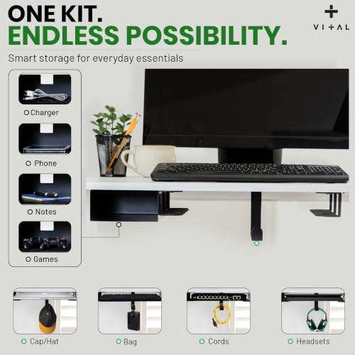 VI+AL Under Desk Laptop Mount - Hidden Metal Shelf with Side Storage, Hook & Cable Organizer - Installs with Tape & Screws - Fits Devices up to 1.7" Thick - Deluxe + LED (USB Light Strip & Remote) - style: Deluxe + LED
