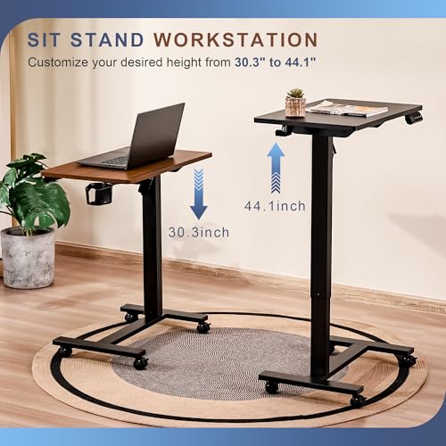 Electric Overbed Table with Wheels, Height Adjustable Bedside Sofa Couch Side Tables, C Shaped Mobile Standing Small Laptop Desk for Home Office, Dark Walnut - color: Dark Walnut