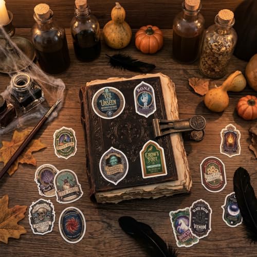 100 Pcs Halloween Potion Label Stickers, Dark Apothecary Decals | Spooky Witch Magic Sticker Pack, for Jar Laptop Water Bottle Scrapbook Craft Party Favor, Vinly, Waterproof - style: Halloween Apothecary Potion