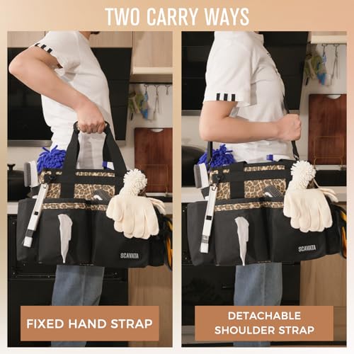 SCAVATA Compact Wearable Cleaning Caddy with Handle & Shoulder Straps | Small Cleaning Supplies Organizer, Under Sink & Car Cleaning Tools Storage Bag for Housekeepers Cleaners, Leopard - color: Leopard