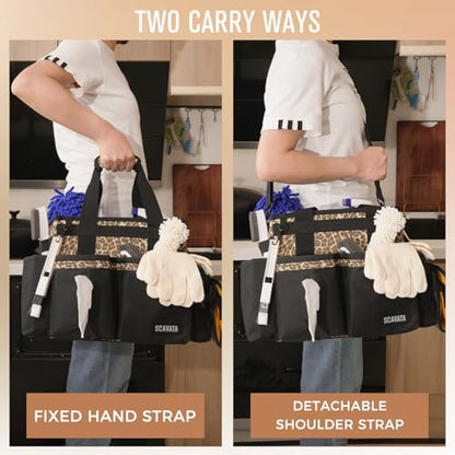 SCAVATA Compact Wearable Cleaning Caddy with Handle & Shoulder Straps | Small Cleaning Supplies Organizer, Under Sink & Car Cleaning Tools Storage Bag for Housekeepers Cleaners, Leopard - color: Leopard