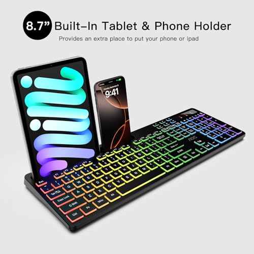 AOC KB600 Wireless Keyboard with 7-Color RGB Backlit, 2.4GHz Full-Size Computer Keyboard with Phone Tablet Holder, Number Pad, 22 Multimedia Hotkeys, Rechargeable for Mac, Windows