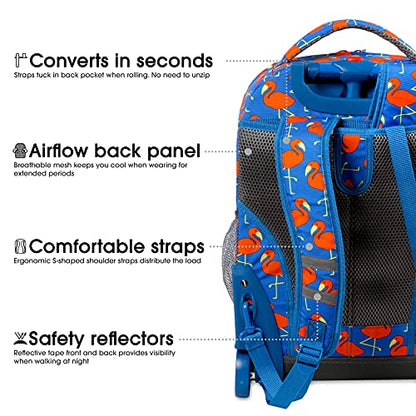 J World Sunrise Kids Rolling Backpack with Wheels for Girls Boys, Roller Bookbag for School, 18 x 13 x 9 Inches, Flamingo - color: Flamingo