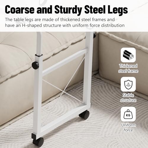 Overbed Table with Wheels, Adjustable Queen Size Bed Desk, White | Fits Twin To King Beds, Adjustable Height & Length Rolling Over Bed Table For Hospital and Home, with 4 Locking Casters - color: White