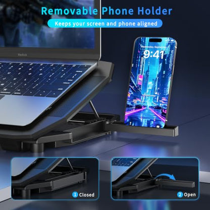 LP-2 Laptop Cooling Pad & Phone Holder, Dual-Mode Ergonomic Laptop Cooling Stand with 7 Adjustable Heights, 5 RGB High-Performance Quiet Laptop Fans, 2 USB Ports & 3 Speeds Laptop Cooler for 15–21Inch