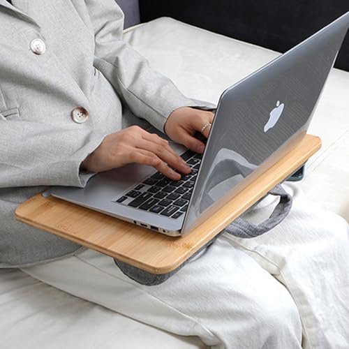 Lap Desk for Laptop with Cushion, Bamboo Laptop Stand with Anti-Slip Strip Tablet Phone Holder, Fits up to 14 inch Portable Computer Lap Desk for Couch, Bed & Car - size: Small