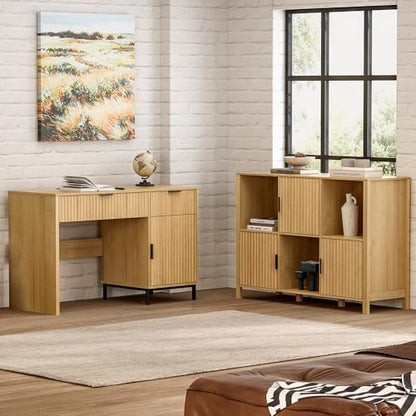 47" Fluted Executive Desk, Modern Wood Home Office Desk with Charging Station, Drawer & Cabinet, Computer Writing Desk for Work Study, Natural Oak - color: Natural Oak
