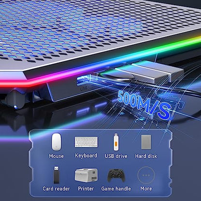 KYOLLY Aluminum Alloy RGB Gaming Laptop Cooler with 6 Fans and LCD Screen - 10 RGB Modes Memory Function, 4 USB Ports 3.0 and 2.0 Hub, 9 Height Adjustable for 10 to 21 Inch Laptops on Desk or Lap