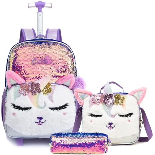 Kids Rolling Backpack for Girls, Champagne Sequins, 3PCS Set | Squinty Eyes, Trolley Suitcases Luggage Travel with Wheels,Bookbag Wheeled Toddler Back Pack Backpacks School Bags Elementary - color: Champagne-0121-miyan