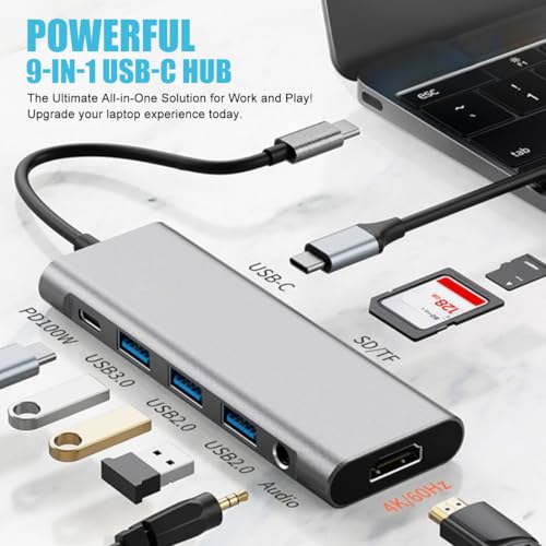 9-in-1 USB C Hub with 100W PD Charging, 4K HDMI, USB 3.0/2.0, SD/TF Card Reader, Audio Jack – Compact Adapter for MacBook, Windows, iPad, Linux & More
