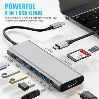 9-in-1 USB C Hub with 100W PD Charging, 4K HDMI, USB 3.0/2.0, SD/TF Card Reader, Audio Jack – Compact Adapter for MacBook, Windows, iPad, Linux & More