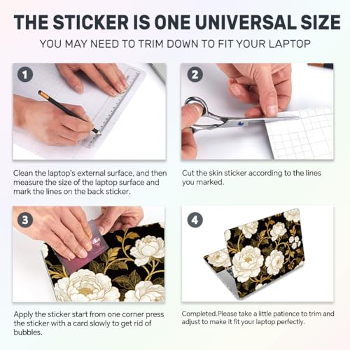 3Pcs White Flowers Laptop Skin Sticker Plants Universal Removable Vinyl Stickers Fits for 12.1 13 14 15.6 16 Inch Waterproof Notebook Decal Cover Gift for Woman - color: Black and White