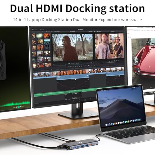 Docking Station 3 Monitors for HP/Dell/Lenovo/MacBook Laptop, Triple Display with Dual 4K HDMI, VGA, 14 in 1 USB C Hub, Computer Docking Station with 10Gbps USB, PD, Ethernet, SD/TF, Audio/Mic - color: Space Gray