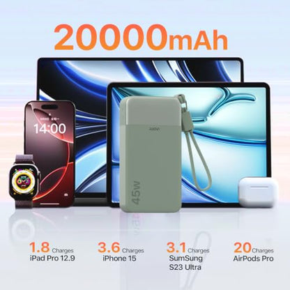 JUOVI Power Bank 45W 20000mAh Portable Charger with Detachable Cable | USB C Fast Charging with 4 Ports, LED Display External Battery Pack for iPad Tablet Switch iPhone Samsung etc - color: Green