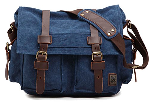 Sechunk Vintage Military Leather Canvas Laptop Bag Messenger Bags Medium - color: Blue, size: small--13‘’