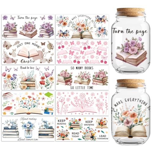 Peacoblue UV DTF Cup Wraps Transfer Stickers Book and Flowers Pattern, 10 Sheets Waterproof Custom Vinyl Transfer Sticker 16oz Coffee Glass Cup Tumbler Bottle Mug Decals for Men Women - style: Book and Flowers