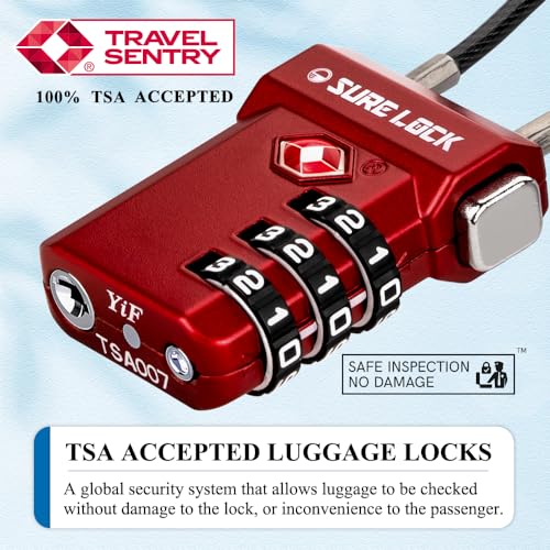 SURE LOCK TSA Approved Luggage Locks with Open Alert Indicator, 3 Digit Combination Cable Travel Lock for Suitcase, Backpack, Gym Locker, Toolbox, Carry On & Travel Bag - color: RED 2 PACK