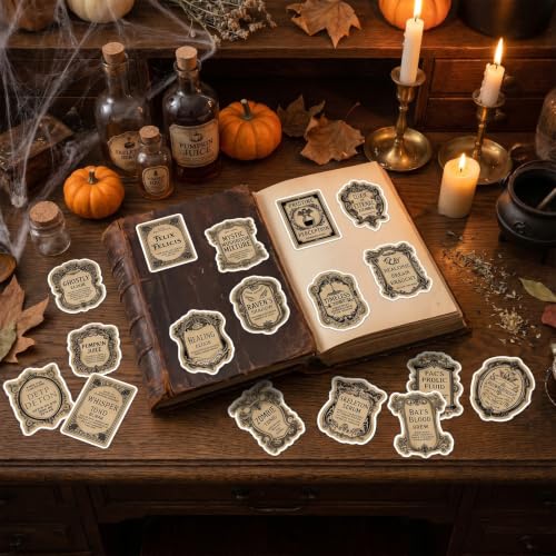 100 Pcs Halloween Potion Labels Stickers Magic Potion Stickers | Hallowenn Potion Wine Bottle Stickers, Retro Vintage Design, Waterproof, Vinyl Decals for Scrapbook Luggage Laptop Journal - style: Halloween Potion