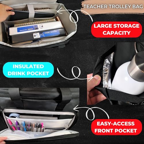 Rolling Teacher Tote Bag with wheels and Laptop Compartment, Wheeled Teacher Bag for Teaching, Detachable Trolley, Office, Craft, Black