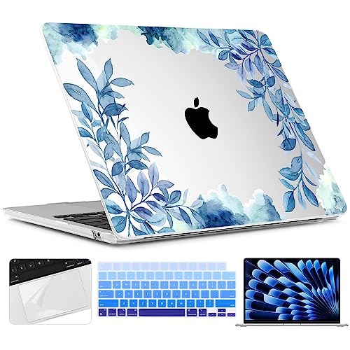 TWOLSKOO for MacBook Air 15 inch Case 2026 2025 2024 2023 Release M5 A3448 M4 A3241 M3 A3114 M2 A2941, Plastic Hard Shell & Screen Protector & Keyboard Cover & Trackpad Film, Blue Floral - color: Blue Floral