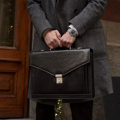 Time Resistance Leather Briefcase for Men - Business Laptop Bag - Italian Handmade Leather Bag - Attache - Gift Box Included - color: Black