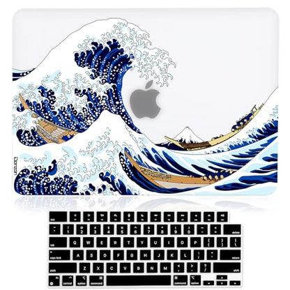Case for MacBook Air 13-inch Laptop M5 M4 M3 M2 A3449 A3240 A3113 A2681 2026-2022 Release with Touch ID, 3D Effect Matte Clear See Through Hard Cover&Keyboard Cover, Great Wave - color: Blue Clear