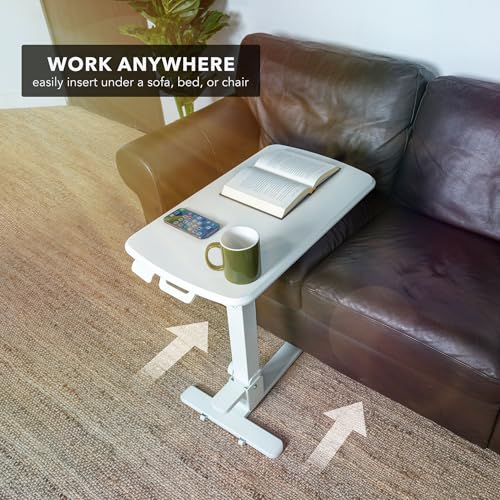 Mount-It! Overbed Table with Wheels, Folding Adjustable Height White | Foldable Bedside Tray Table on Wheels, No-Assembly Over Bed Laptop Desk, Folds Flat for Storage, Ultra-Low Base - color: White
