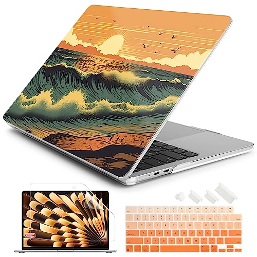 Batianda Case for MacBook Air 15" with M5 M4 M3 M2 Chip, Amber Tide | 4-in-1 set with vintage ocean wave design, lightweight slim hard shell protection for surfers, beach lovers and students - color: Dusk