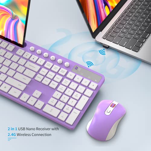 Wireless Keyboard and Mouse Combo, MARVO 2.4G Ergonomic Wireless Computer Keyboard with Phone Tablet Holder, Silent Mouse with 6 Button, Compatible with MacBook, Windows (Purple) - color: Purple