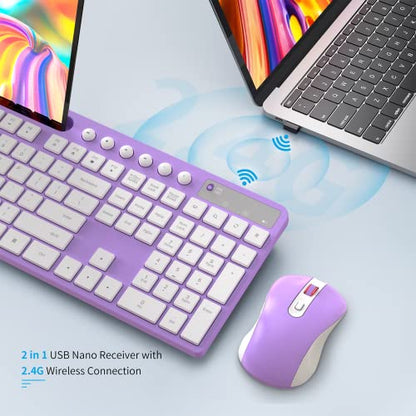 Wireless Keyboard and Mouse Combo, MARVO 2.4G Ergonomic Wireless Computer Keyboard with Phone Tablet Holder, Silent Mouse with 6 Button, Compatible with MacBook, Windows (Purple) - color: Purple