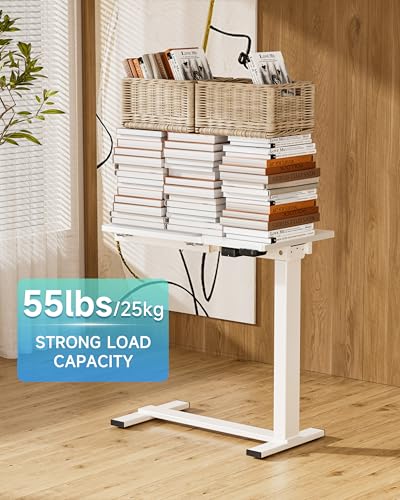 BIZUM Small Electric Standing Desk, Overbed Table Wireless Tilt Top with Hidden Wheels, 27.6×15.8 Inch Adjustable Rolling Laptop Desk, USB-C Rechargeable Battery, White - color: White
