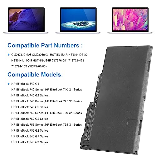 CM03XL CM03 Laptop Battery for HP Elitebook 740 745 750 755 840 845 850 855 G2, 840 850 G1, Zbook 14 G2 / 15u, Spare 717376-001 716724-421 CM03050XL, CO06XL CO06 HSTNN-DB4Q HSTNN-L11C-5 HSTNN-LB4R - size: 7.94*3.96*0.24inch CM03XL
