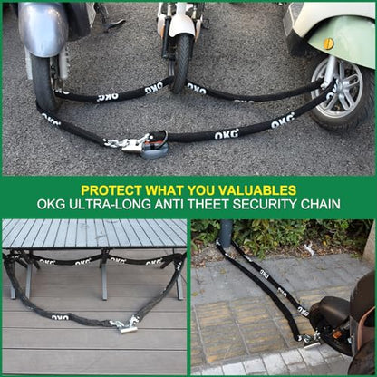 OKG Extra Long Security Chain - 10-Foot x 3/8" Thick Heavy Duty, Eco-Zinc Plated - Uncuttable for Outdoor & Indoor Use - Bike & Motorcycle Lock Chain - For Two+ 2-Wheeled Vehicles