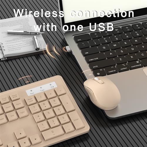 MPTOG Wireless Keyboard and Mouse Combo, Full-Size 104-Key Office Keyboard with 15 Function Keys, Numeric Keypad, Single USB Receiver, Compatible with PC and Laptop(Milk-Tea Only) - color: Milk-Tea Only