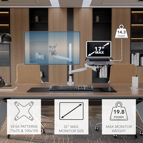 Mount-It! CLiX Monitor & Laptop Desk Mount w/Cooling Fan, Silver | TAA-compliant gas spring arm fits 13-32" monitor + 17" laptop, VESA 75x75/100x100, full motion aluminum, dual-screen ready.