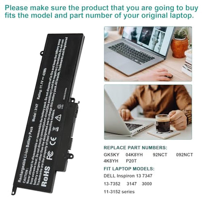 GK5KY Laptop Battery Replacement for Dell Inspiron 11 3000 3147 3148 3153 3152 3157 3158 15 7000 7558 7568 13 7353 7359 7347 7348 7352 92NCT 092NCT 4K8YH 04K8YH RHN1C 0WF28 P20T P20T001 P55F - size: 3147 12.17, 4.57, 1.02in