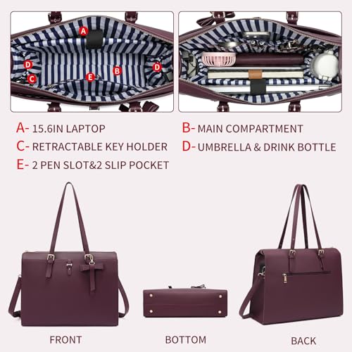 Keyli 4pc Sets Laptop Bag for Women Large Leather Laptop Briefcase with USB Charging Port Computer Shoulder tote Bags Purse - color: Wine Red